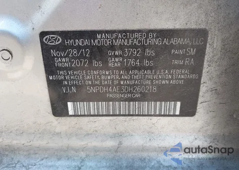 2013 Hyundai Elantra Limited z USA, uszkodzony, nr VIN 5NPDH4AE3DH260218